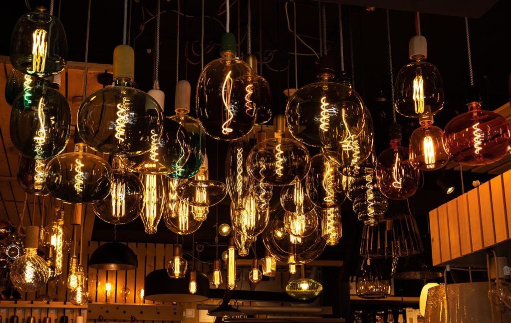 LED modern edison lights and bulbs on display in store lighting department.