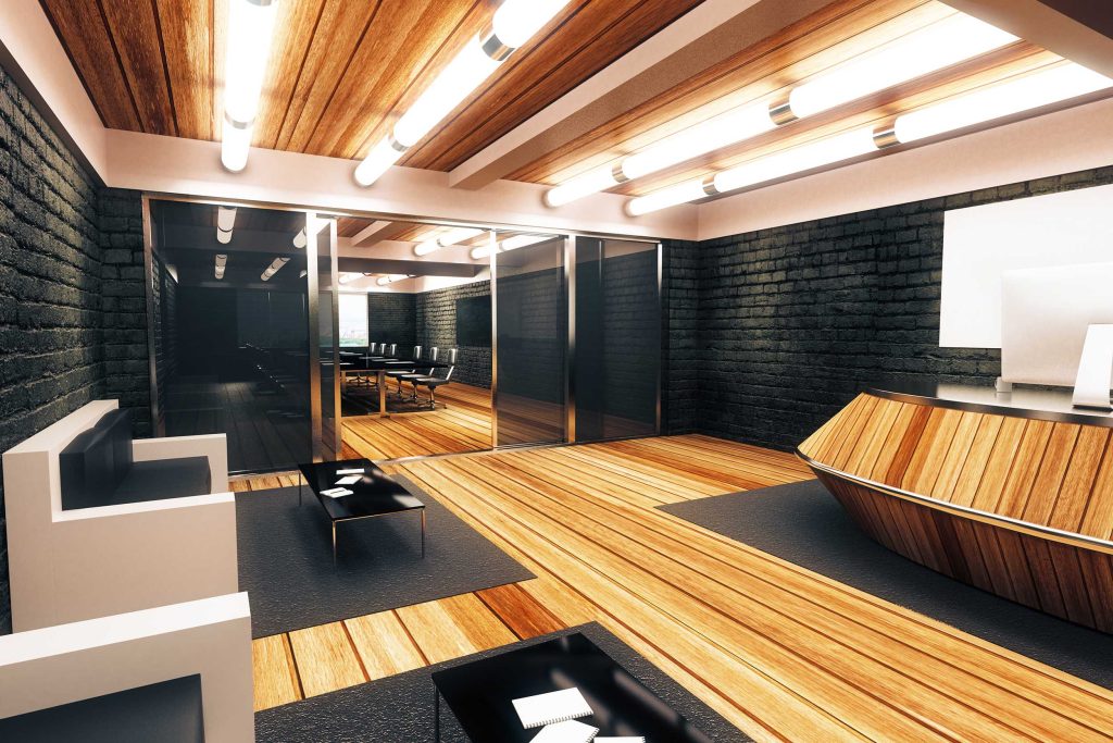 Modern loft style spacious reception room with entrance into conference room